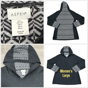 Women’s Aspen Large 12 - 14 Fair Isle Hoodie Sweater Black Gray Hooded NWOT